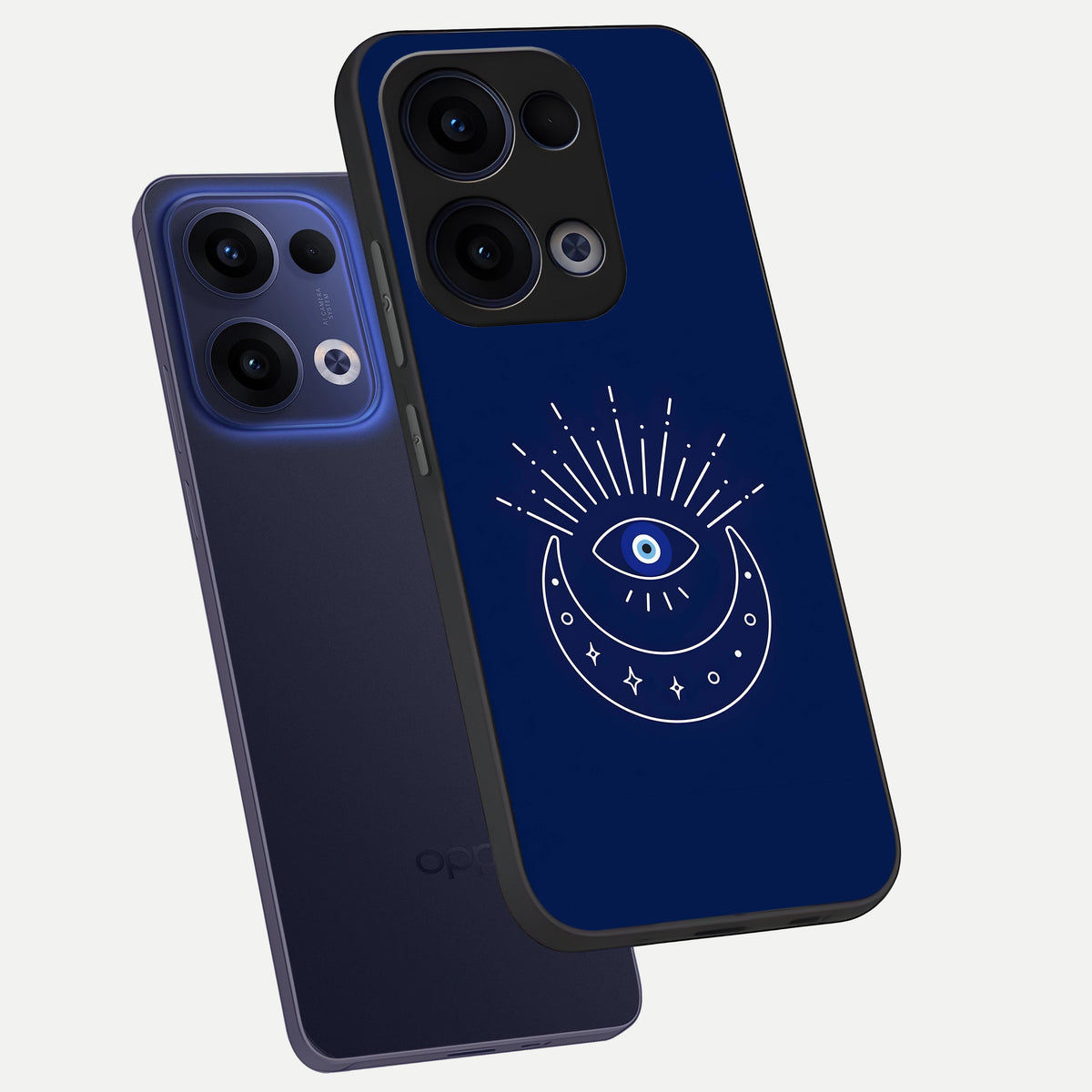  Blue Evil Eye phone case For Oppo Reno 13 showing premium glass back cover with detailed artwork