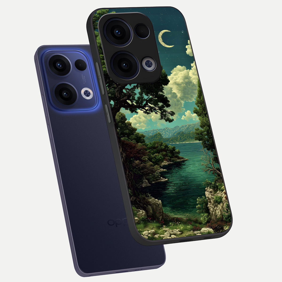  Celestial Lake Peace phone case For Oppo Reno 13 showing premium glass back cover with detailed artwork
