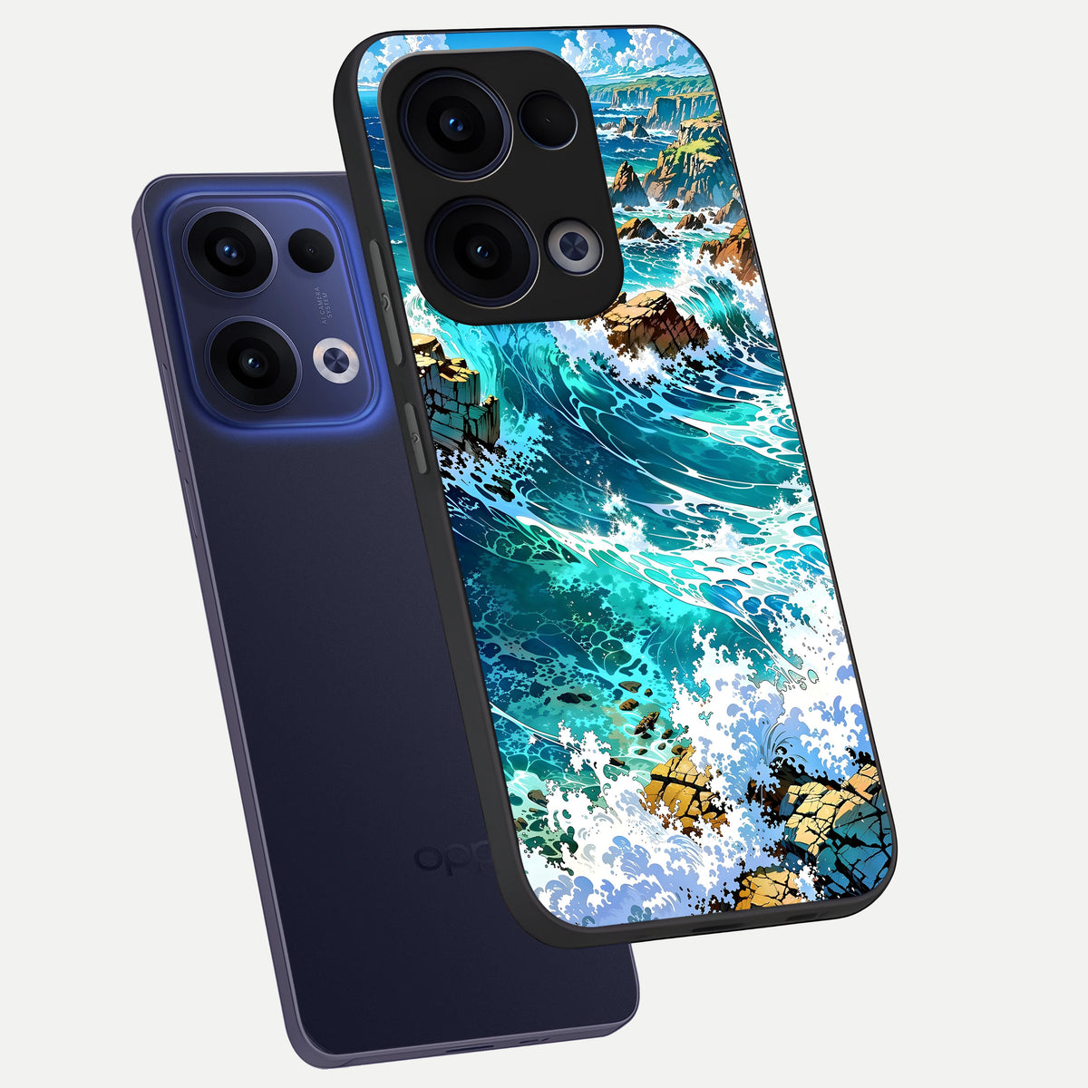  Coastal Blue Waves phone case For Oppo Reno 13 showing premium glass back cover with detailed artwork