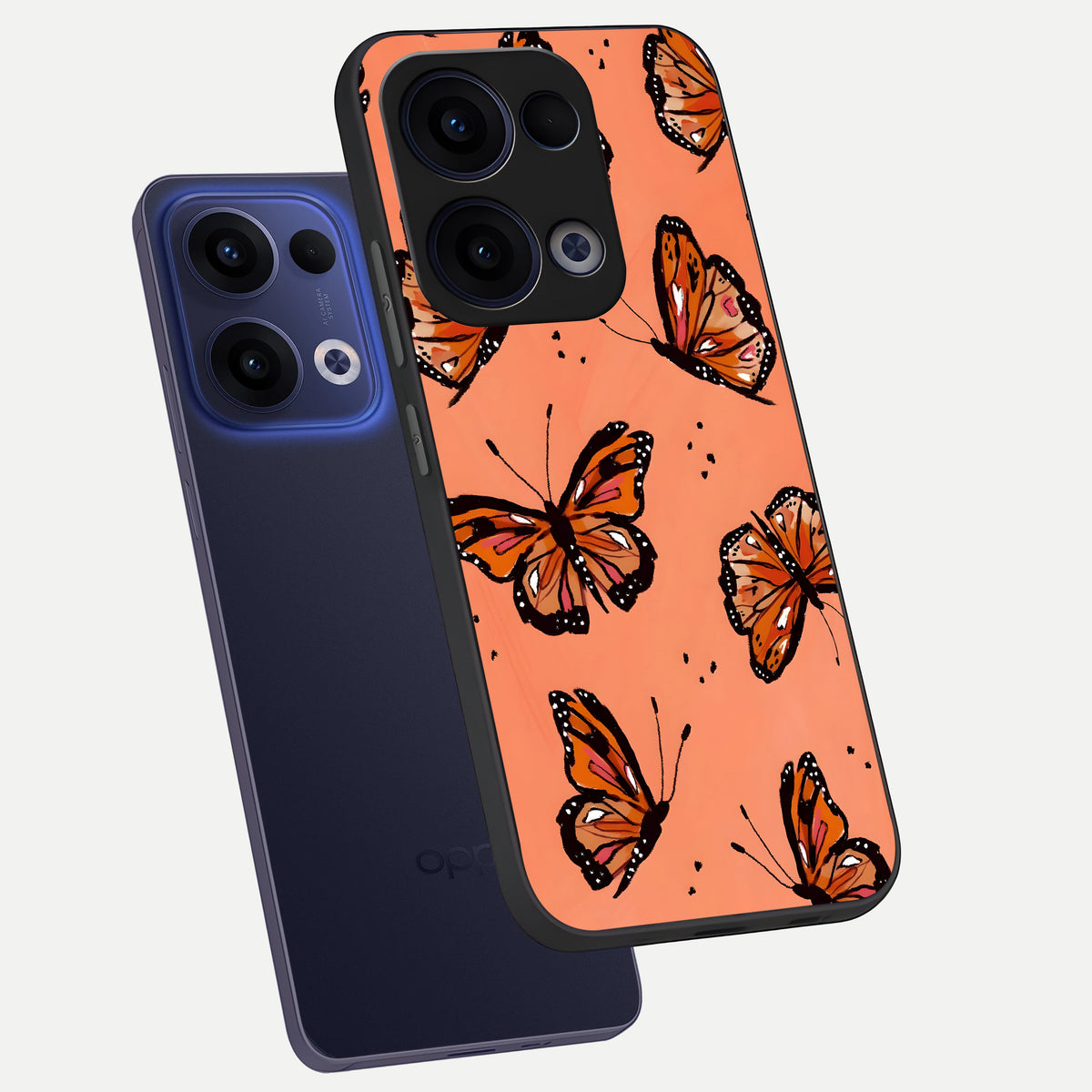  Coral Wing Butterfly phone case For Oppo Reno 13 showing premium glass back cover with detailed artwork