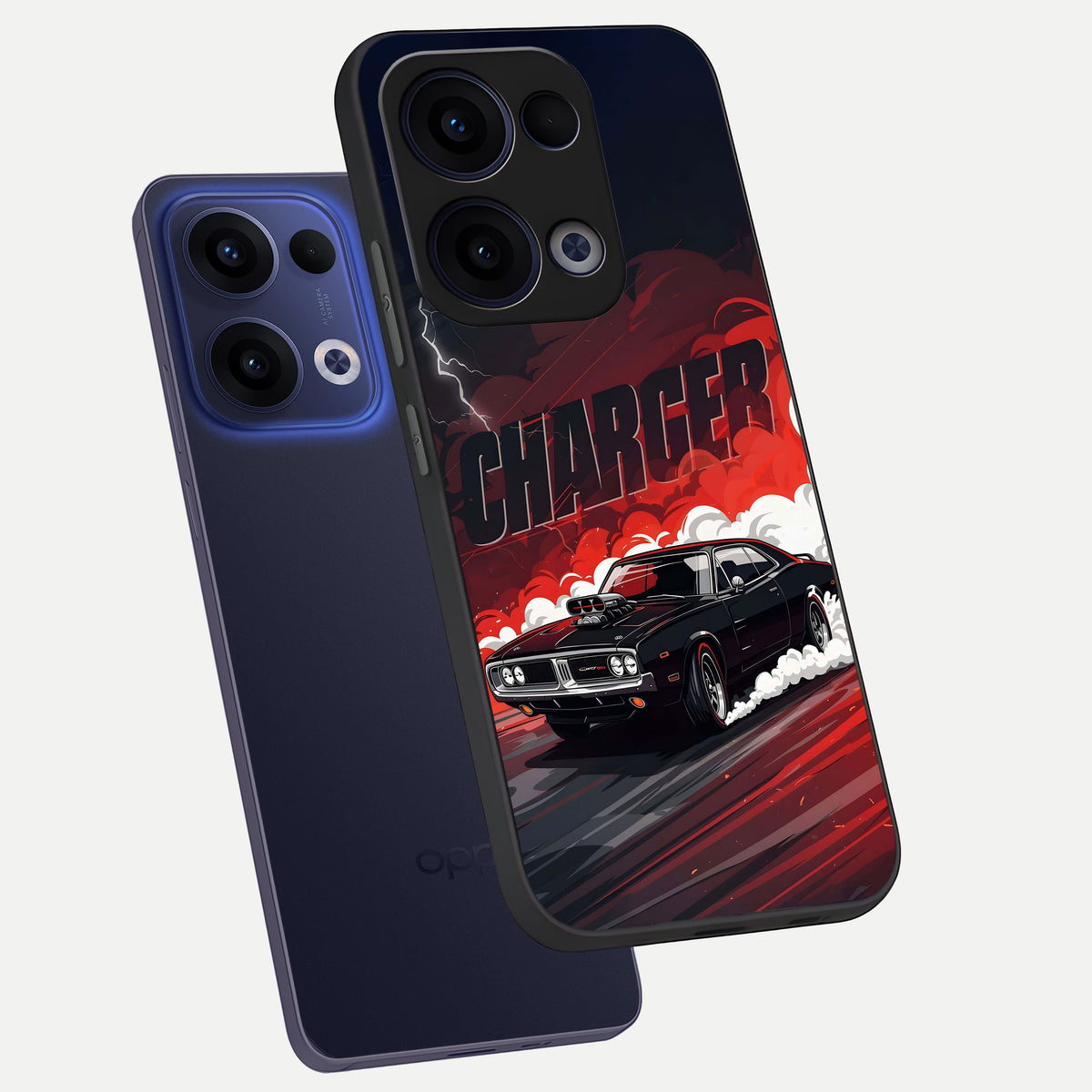 Dark Charger Fury phone case For Oppo Reno 13 showing premium glass back cover with detailed artwork