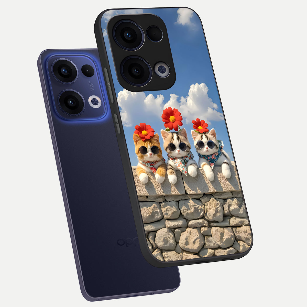  Floral Kitty Squad phone case For Oppo Reno 13 showing premium glass back cover with detailed artwork