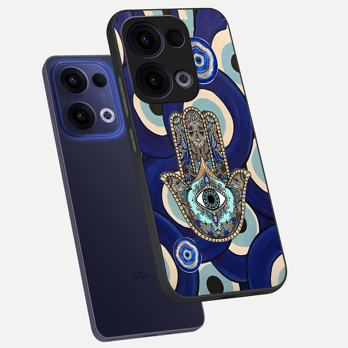  Hamsa Divine Guard phone case For Oppo Reno 13 showing premium glass back cover with detailed artwork