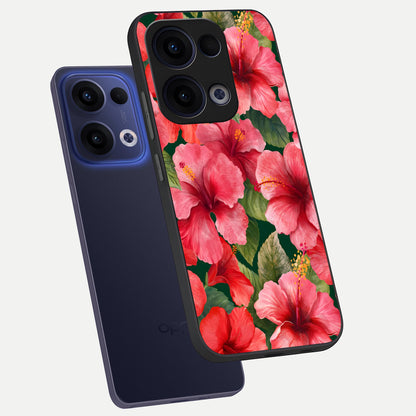  Hibiscus Pattern phone case For Oppo Reno 13 showing premium glass back cover with detailed artwork