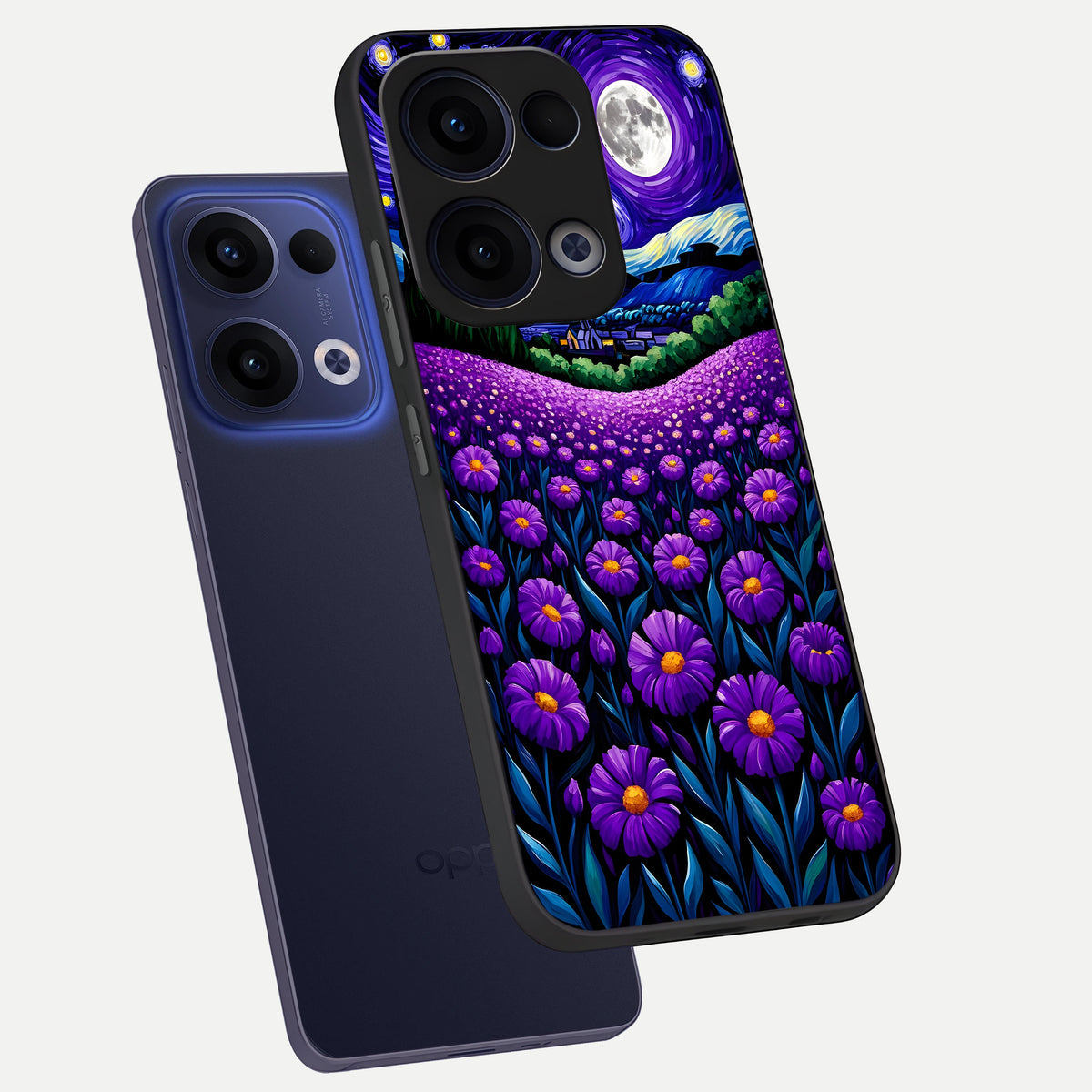 Lavender Moon Field phone case For Oppo Reno 13 showing premium glass back cover with detailed artwork