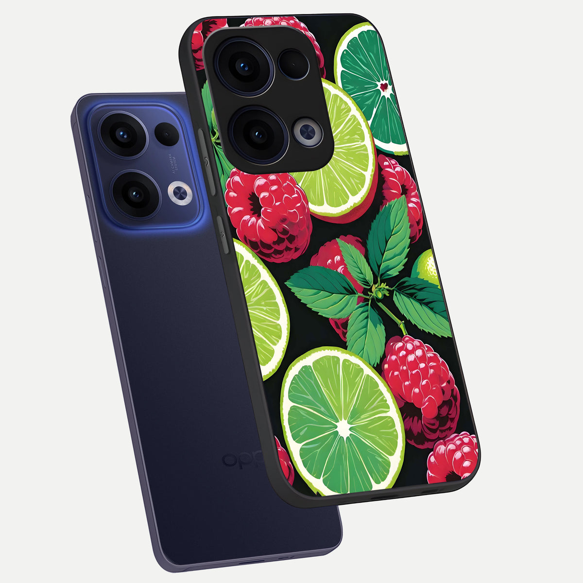  Lime and Raspberry Pattern phone case For Oppo Reno 13 showing premium glass back cover with detailed artwork