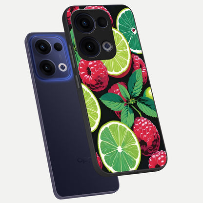  Lime and Raspberry Pattern phone case For Oppo Reno 13 showing premium glass back cover with detailed artwork