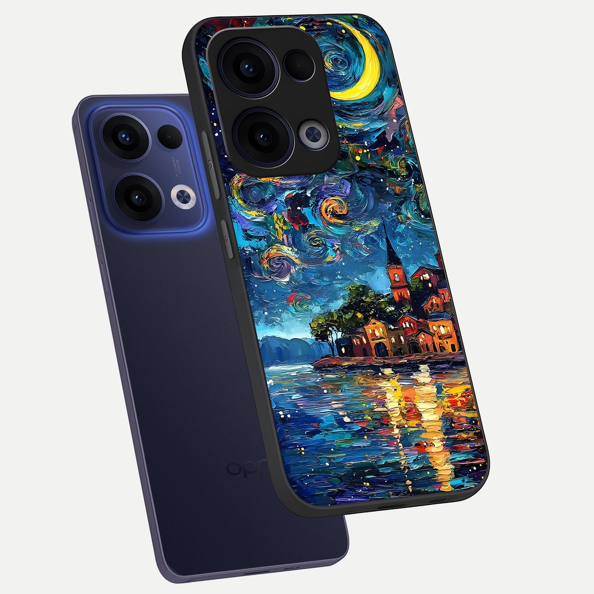  Moonlight Harbor Glow phone case For Oppo Reno 13 showing premium glass back cover with detailed artwork