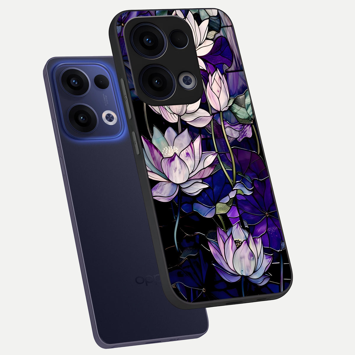  Purple Lotus Pattern phone case For Oppo Reno 13 showing premium glass back cover with detailed artwork
