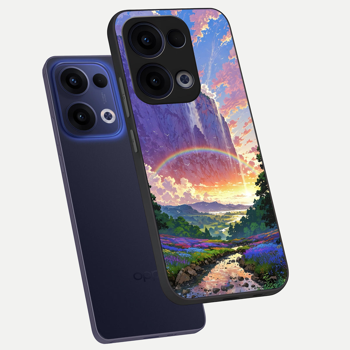  Rainbow Valley Dream phone case For Oppo Reno 13 showing premium glass back cover with detailed artwork