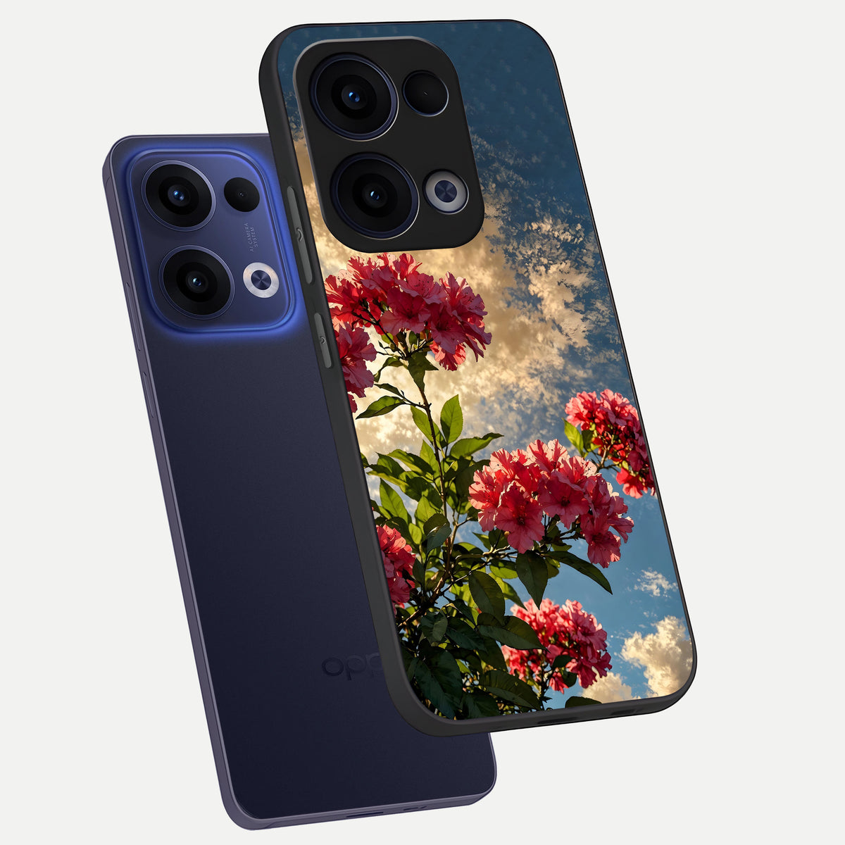  Red Bloom Skies phone case For Oppo Reno 13 showing premium glass back cover with detailed artwork