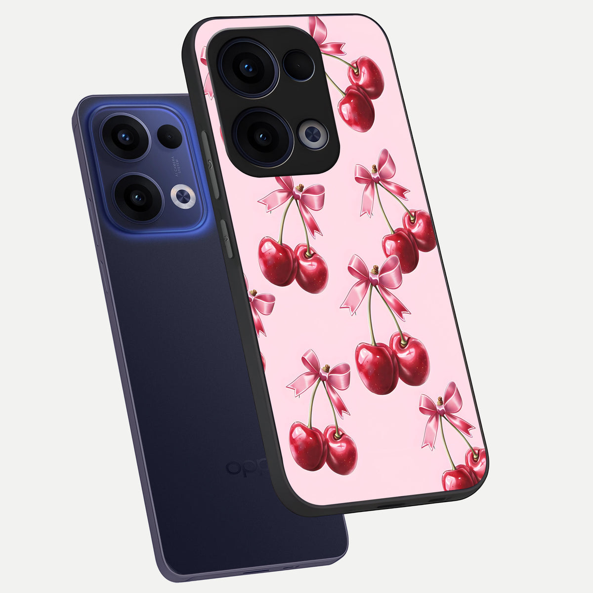  Red Cherries Pattern phone case For Oppo Reno 13 showing premium glass back cover with detailed artwork