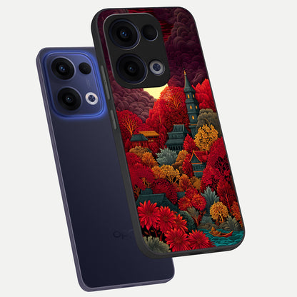  Scarlet Autumn Temple phone case For Oppo Reno 13 showing premium glass back cover with detailed artwork