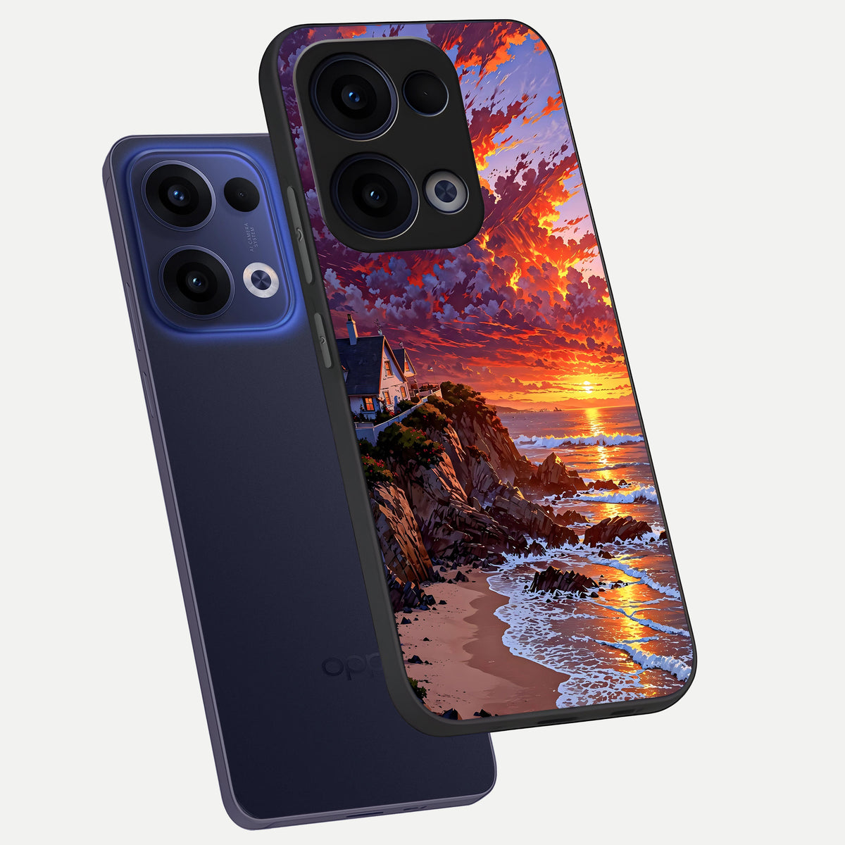  Sunset House By Sea phone case For Oppo Reno 13 showing premium glass back cover with detailed artwork