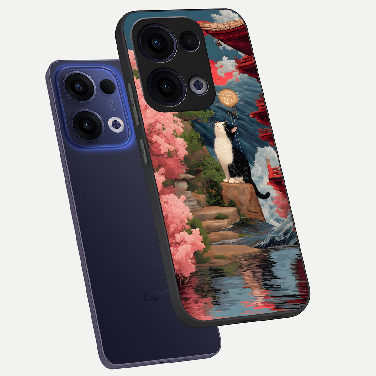  Temple Cat Scenery phone case For Oppo Reno 13 showing premium glass back cover with detailed artwork