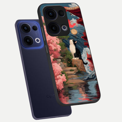  Temple Cat Scenery phone case For Oppo Reno 13 showing premium glass back cover with detailed artwork