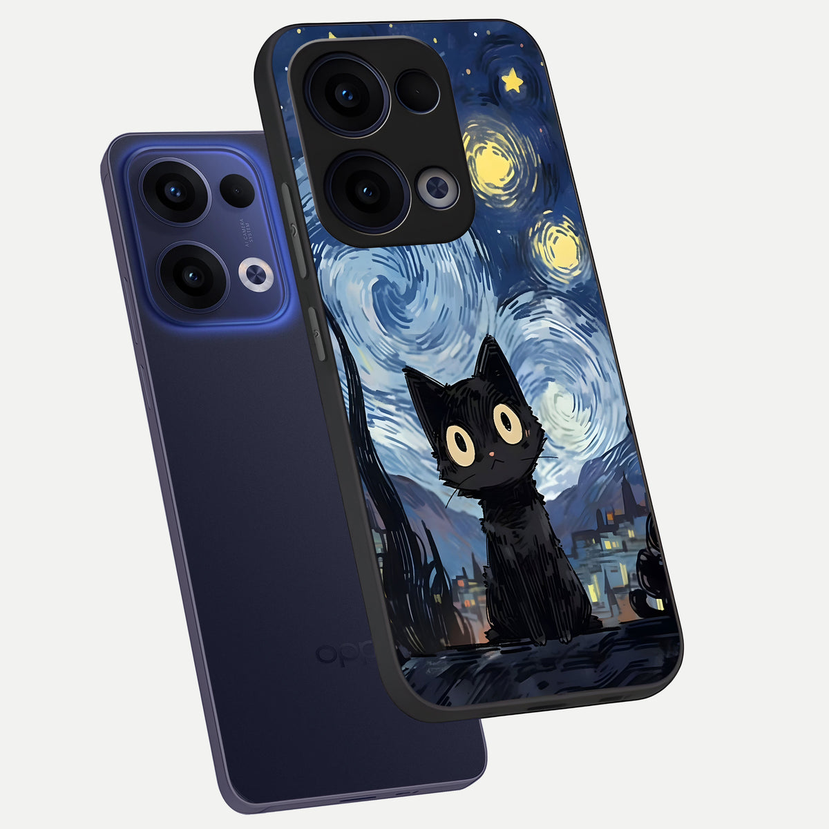  Van Gogh Cat phone case For Oppo Reno 13 showing premium glass back cover with detailed artwork