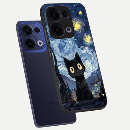  Van Gogh Cat phone case For Oppo Reno 13 showing premium glass back cover with detailed artwork