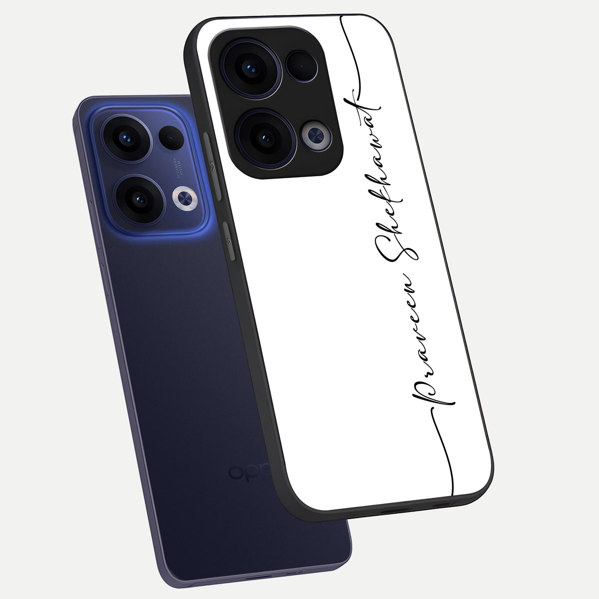  White Tune Custom Name phone case For Oppo Reno 13 showing premium custom name glass back cover