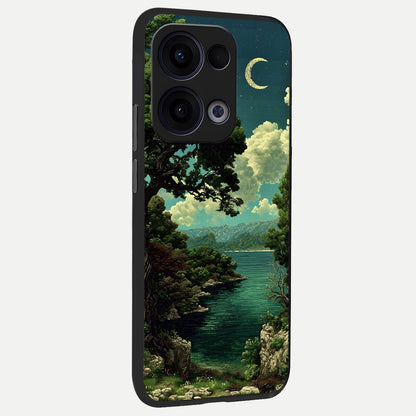  Celestial Lake Peace back cover For Oppo Reno 13 slim fit glass case with vibrant aesthetic design