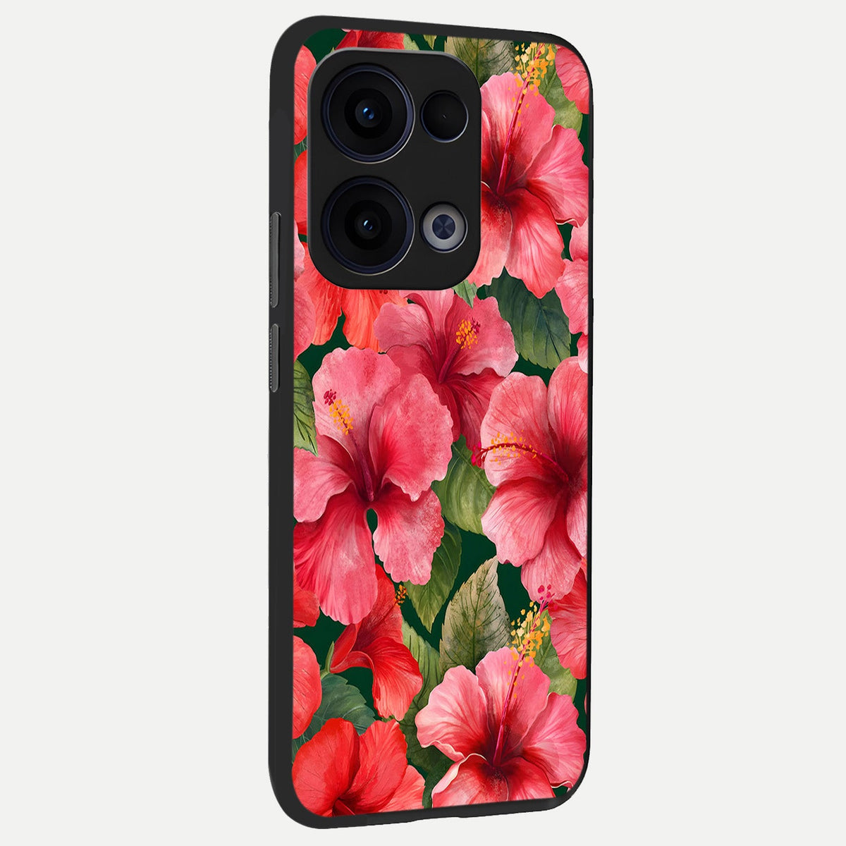  Hibiscus Pattern back cover For Oppo Reno 13 slim fit glass case with vibrant aesthetic design