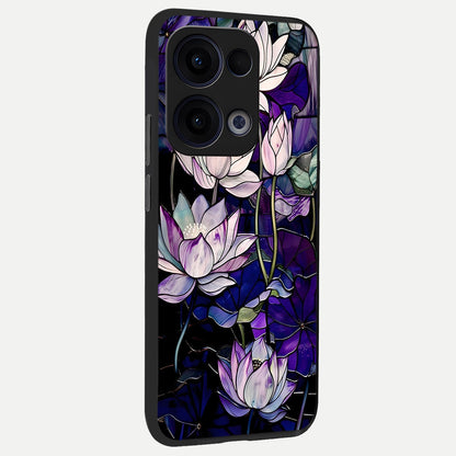  Purple Lotus Pattern back cover For Oppo Reno 13 slim fit glass case with vibrant aesthetic design