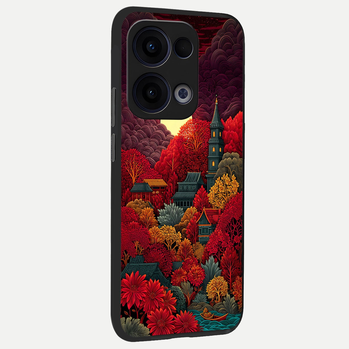  Scarlet Autumn Temple back cover For Oppo Reno 13 slim fit glass case with vibrant aesthetic design