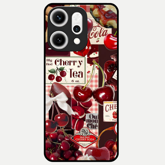  Aesthetic Cherry Tea Glass Case For Oppo Reno 14 Pro back cover – full design glossy printed glass finish