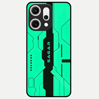  Aqua Tech CYBERPUNK Custom Name Glass Case For Oppo Reno 14 Pro back cover – full design glossy printed glass finish