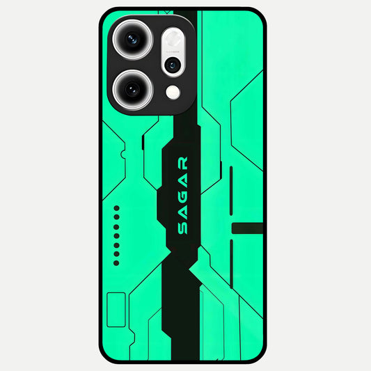  Aqua Tech CYBERPUNK Custom Name Glass Case For Oppo Reno 14 Pro back cover – full design glossy printed glass finish