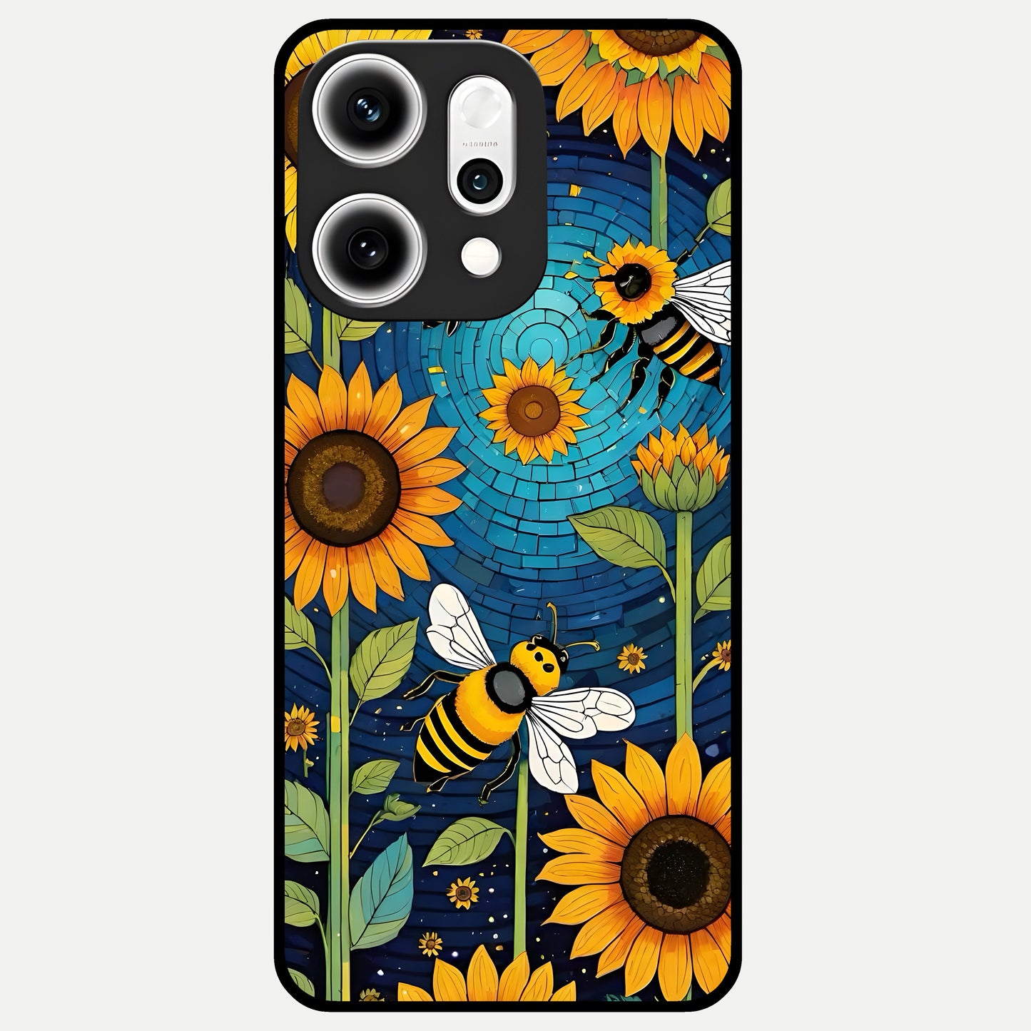  Bees And Sunflowers Glass Case For Oppo Reno 14 Pro back cover – full design glossy printed glass finish