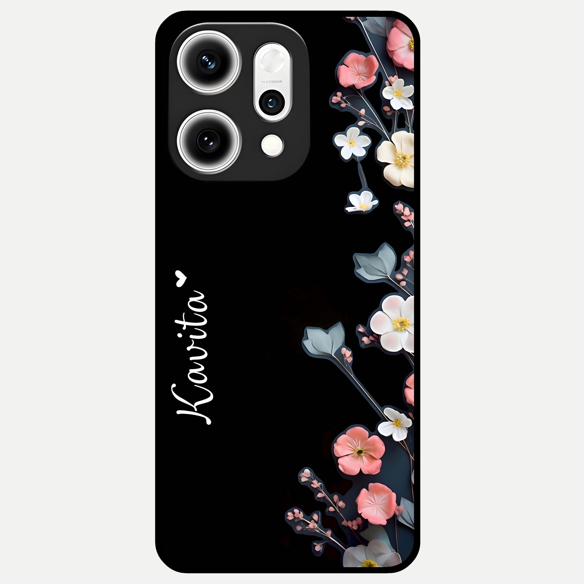  Black Elegance Floral Custom Name Glass Case For Oppo Reno 14 Pro back cover – full design glossy printed glass finish