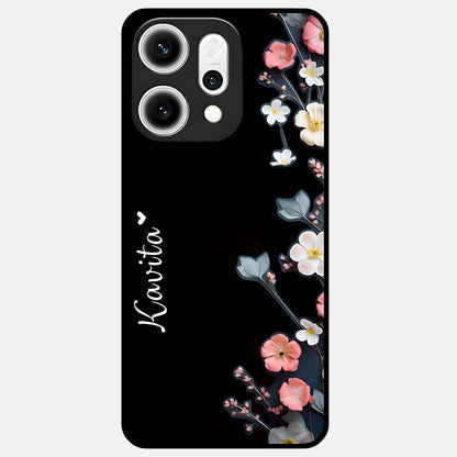  Black Elegance Floral Custom Name Glass Case For Oppo Reno 14 Pro back cover – full design glossy printed glass finish