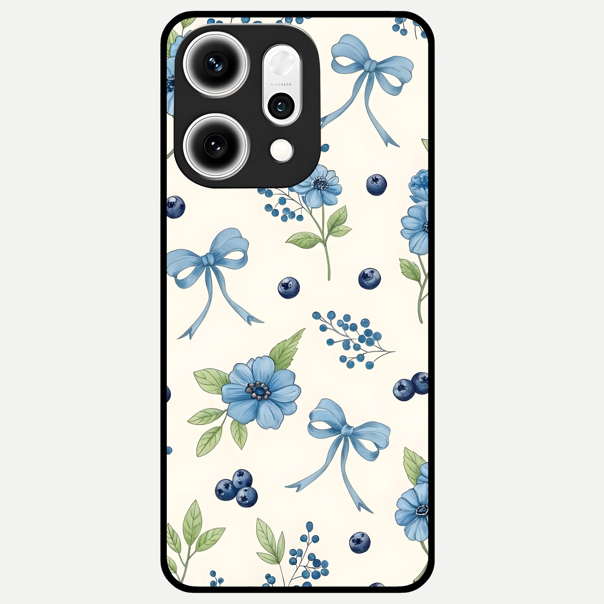  Blue Flower And Bow Glass Case For Oppo Reno 14 Pro back cover – full design glossy printed glass finish