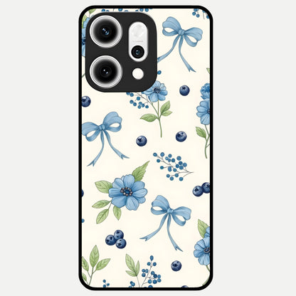  Blue Flower And Bow Glass Case For Oppo Reno 14 Pro back cover – full design glossy printed glass finish