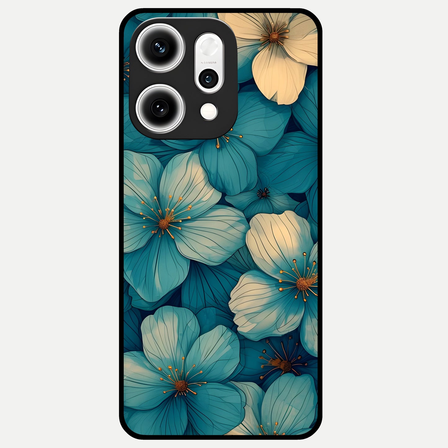  Blue Shade Floral Glass Case For Oppo Reno 14 Pro back cover – full design glossy printed glass finish