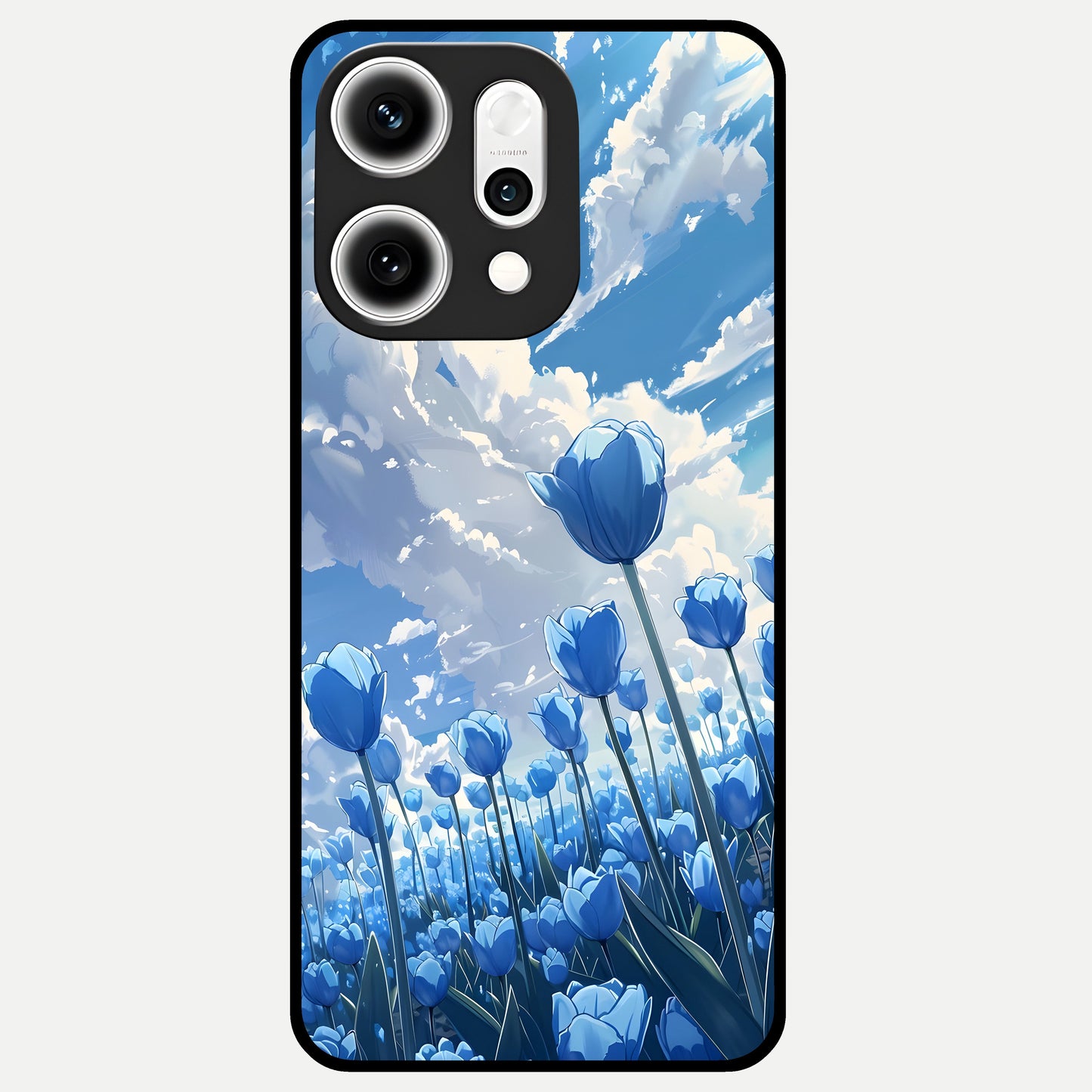  Blue Tulip Clouds Glass Case For Oppo Reno 14 Pro back cover – full design glossy printed glass finish