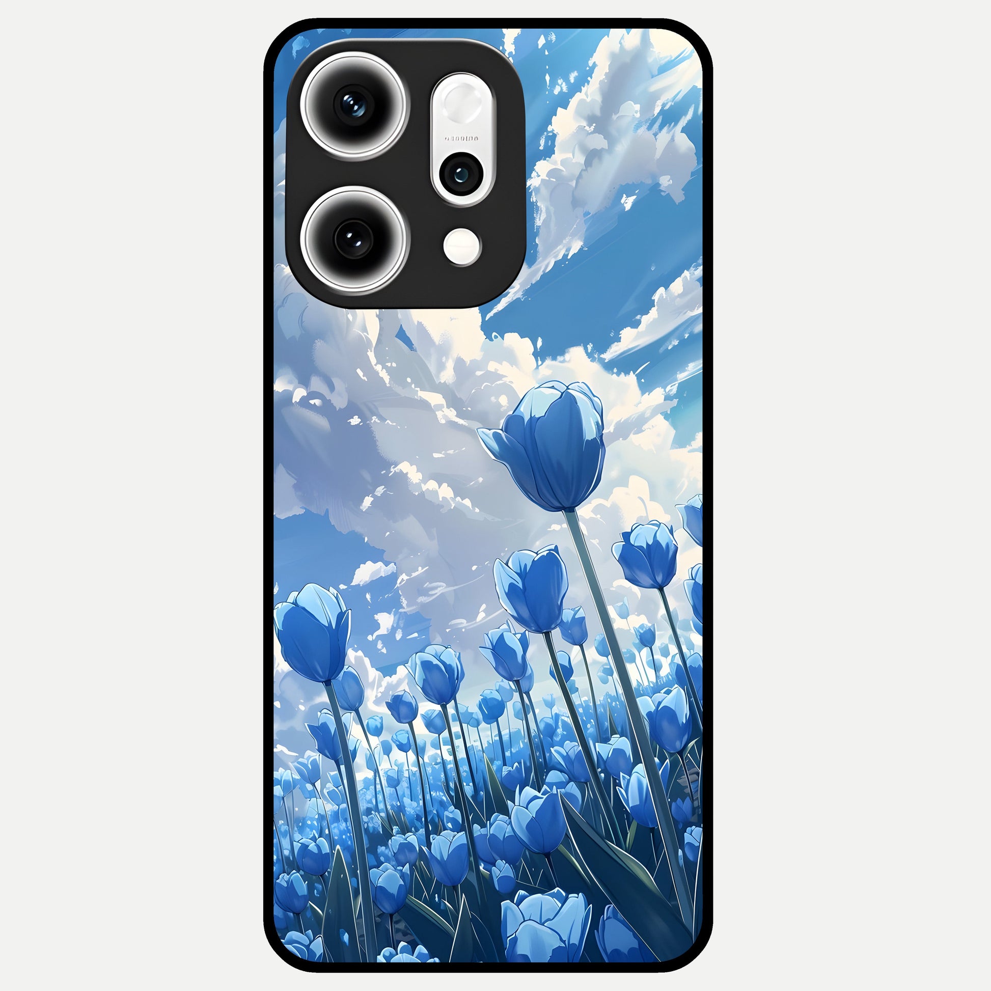  Blue Tulip Clouds Glass Case For Oppo Reno 14 Pro back cover – full design glossy printed glass finish