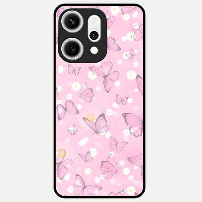  Blush Butterfly Garden Glass Case For Oppo Reno 14 Pro back cover – full design glossy printed glass finish