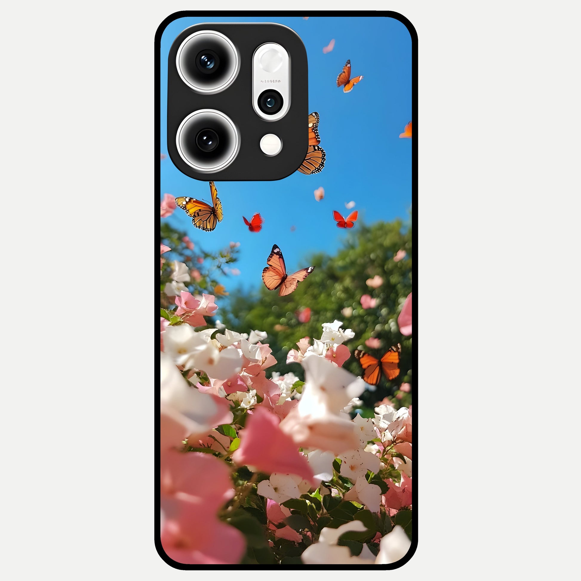  Butterflies In Bloom Sky Glass Case For Oppo Reno 14 Pro back cover – full design glossy printed glass finish