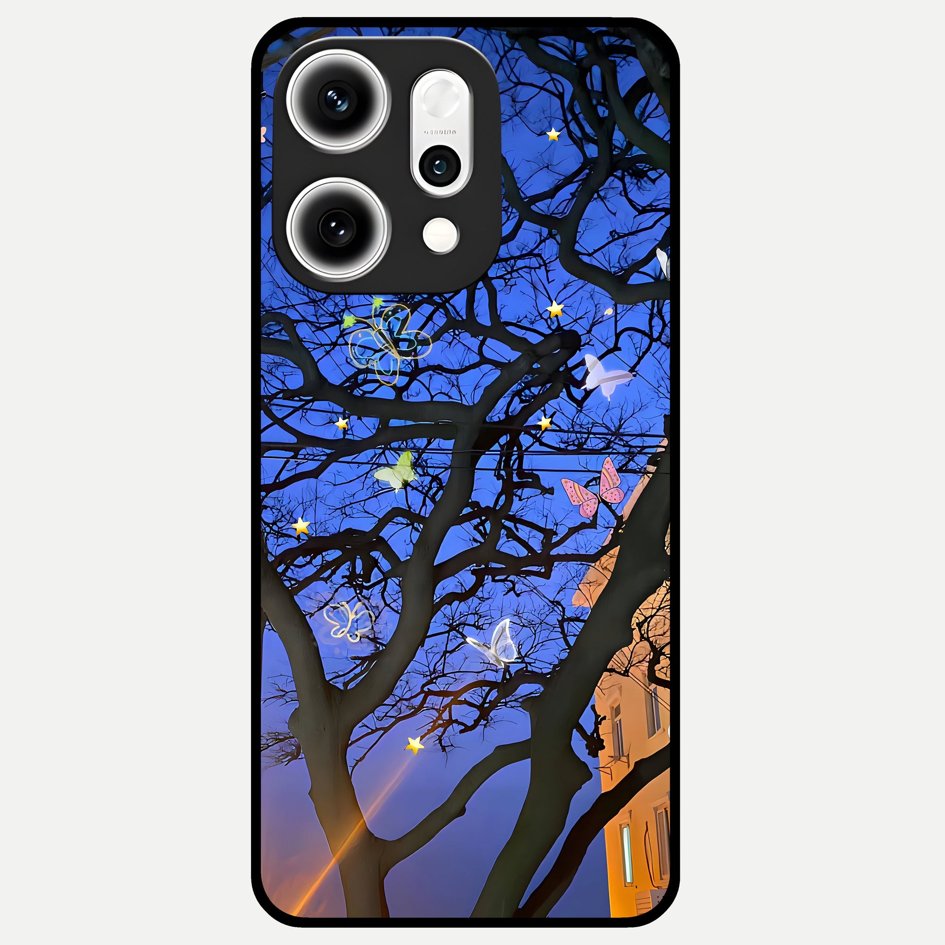  Butterfly Night Magic Glass Case For Oppo Reno 14 Pro back cover – full design glossy printed glass finish