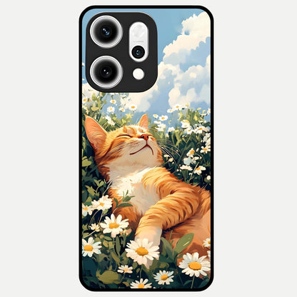  Cat And Flowers View Glass Case For Oppo Reno 14 Pro back cover – full design glossy printed glass finish
