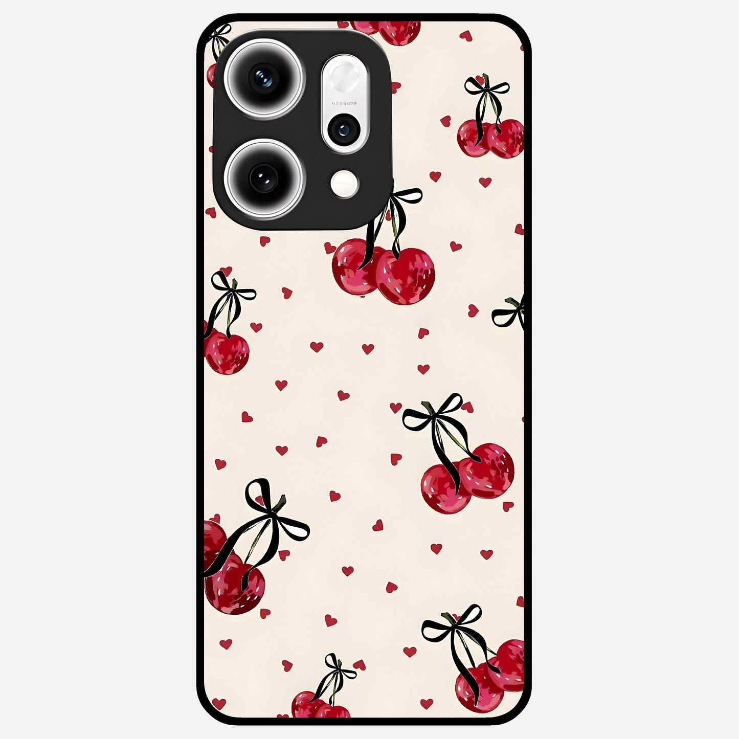  Cherry Heart Bow Glass Case For Oppo Reno 14 Pro back cover – full design glossy printed glass finish