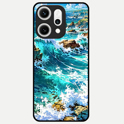  Coastal Blue Waves Glass Case For Oppo Reno 14 Pro back cover – full design glossy printed glass finish