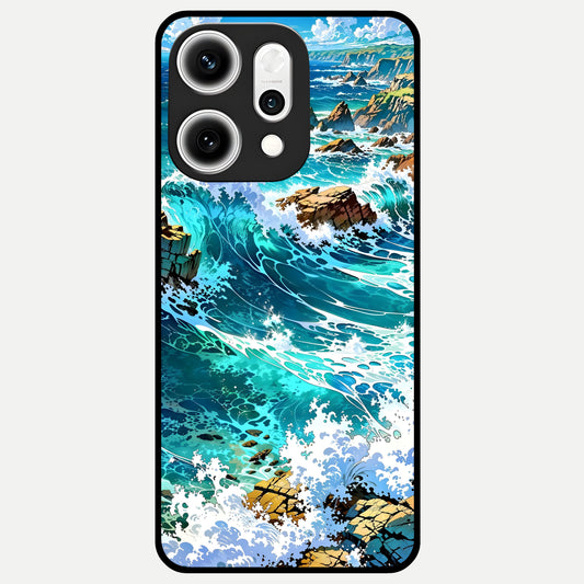 Coastal Blue Waves Glass Case For Oppo Reno 14 Pro back cover – full design glossy printed glass finish