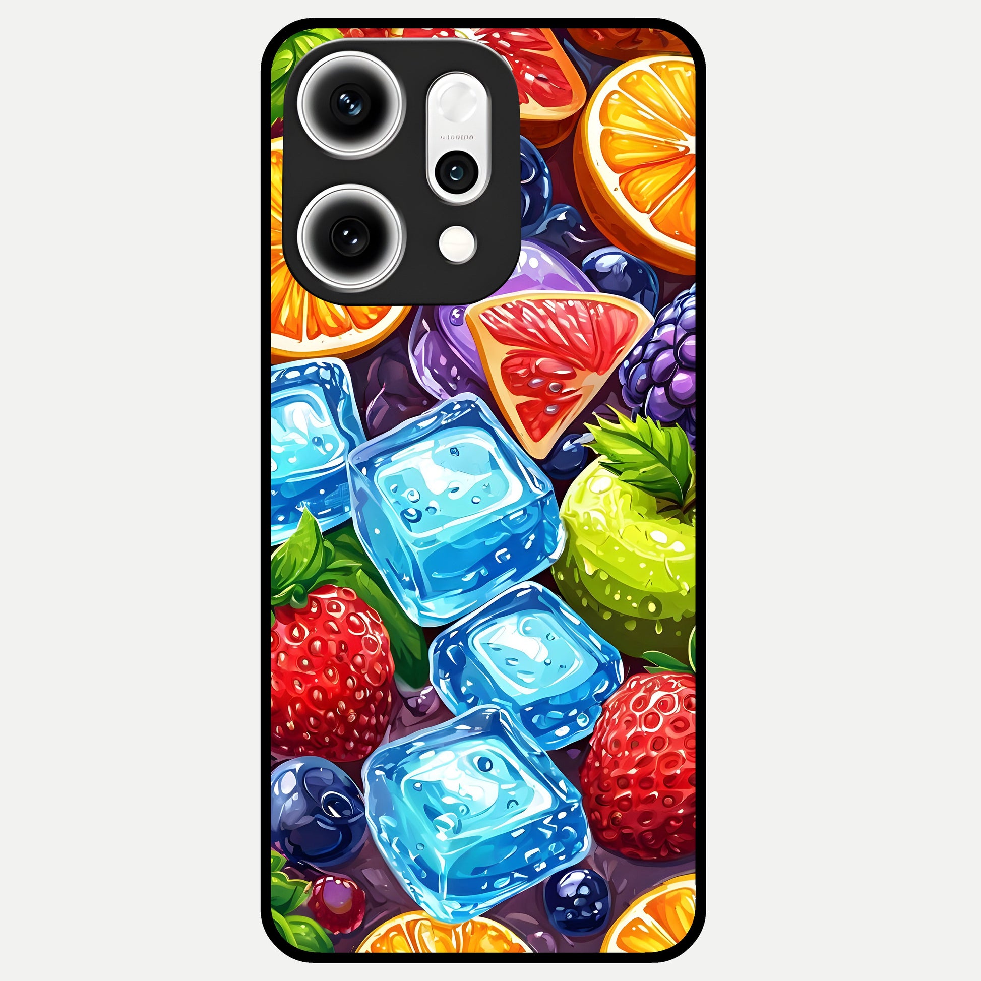  Colorful Fruits with Ice Glass Case For Oppo Reno 14 Pro back cover – full design glossy printed glass finish