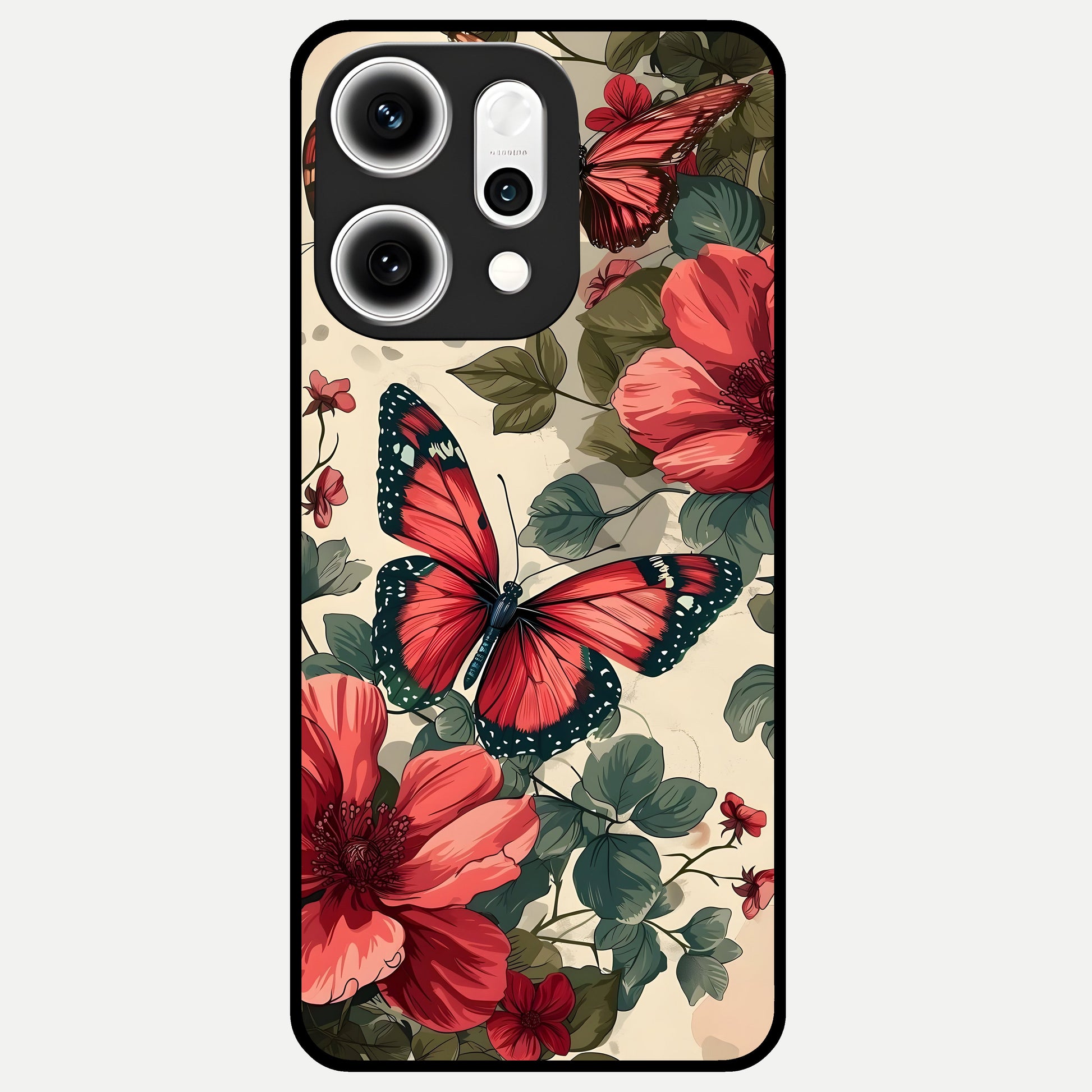  Crimson Butterfly Garden Glass Case For Oppo Reno 14 Pro back cover – full design glossy printed glass finish