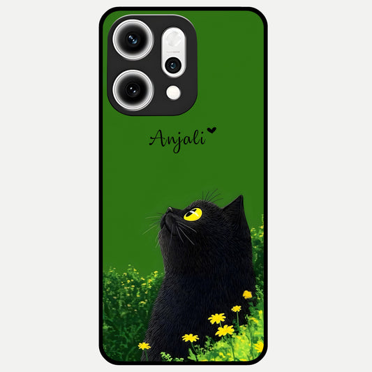  Emerald Cat Custom Name Glass Case For Oppo Reno 14 Pro back cover – full design glossy printed glass finish