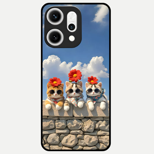  Floral Kitty Squad Glass Case For Oppo Reno 14 Pro back cover – full design glossy printed glass finish