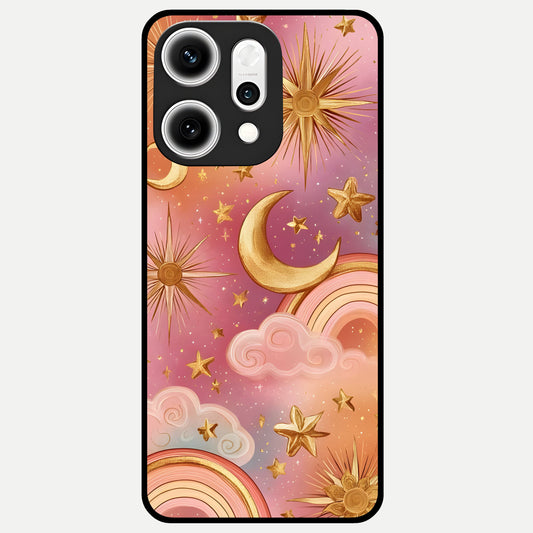 Golden Celestial Dreams Glass Case For Oppo Reno 14 Pro back cover – full design glossy printed glass finish